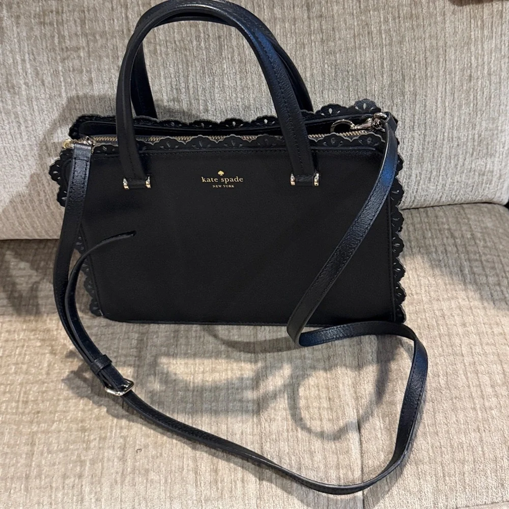 Kate Spade Black Scallop Lace Satchel 8 x 11 detachable strap gently used - Picture 2 of 12